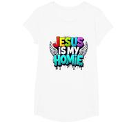 Jesus Is My Homie: Vibrant Rainbow Wings Faith Declaración Camiseta, Niñas, Blanco, XS