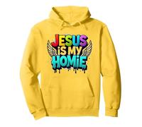 Jesus Is My Homie: Vibrant Rainbow Wings Faith Declaración Sudadera con Capucha, Unisex para Adultos, Limón, XXL