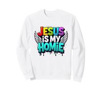 Jesus Is My Homie: Vibrant Rainbow Wings Faith Declaración Sudadera, Unisex para Adultos, Blanco, XXL