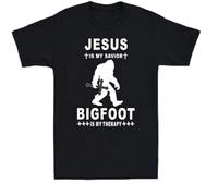Jesus is My Savior Bigfoot Therapy T Shirt Funny Men's Cotton tee Black S