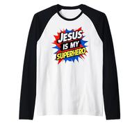 Jesus Is My Superhero Christian God Religious Comic Kids Boy Camiseta Manga Raglan