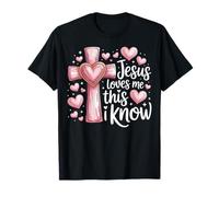 Jesus Loves Me Cruz Corazones Rosa Fe Cristiana Camiseta
