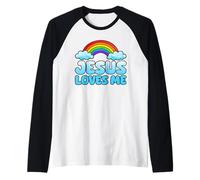 Jesus Loves Me Cute Rainbow Kid Cristianismo Fe Religioso Camiseta Manga Raglan