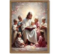 Jesus Loves the Children Canvas Wall Art, Inspirational Christian Poster Print for Kids Room, Nursery, and Sunday School Decor(Framed,08x12inch(20x30cm))