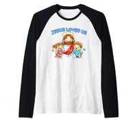 Jesús Nos ama Cristianos niños fe Cristianismo Lindo Garabato Camiseta Manga Raglan