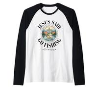Jesus Said Go Fishing Luke Bible Verse Christian Fishing Camiseta Manga Raglan