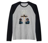 Jesús Salva a Creyente de fe Cristiana seguidor Devoto Camiseta Manga Raglan