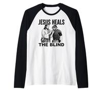 Jesús Sana a los Ciegos Gracioso árbitro de béisbol sóftbol Camiseta Manga Raglan