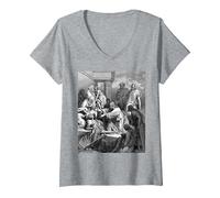 Jesús Sanando a los Enfermos Gustave Dore Arte Bíblico Religioso Camiseta Cuello V, Mujer, Gris Jaspeado, L