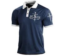 Jesus Saved My Life Polos de Manga Corta Camisetas de Solapa Divertida para Hombres Carta Divertida en 3D Imprimir gráfico Camisetas de Solapa Casual Button Down Tops