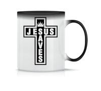 Jesus Saves Cross Taza de Té y Café de Cerámica Clásica Blanca Negra y Rosa Mágica 330ml
