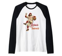 Jesus Saves Funny Baseball Meme Christian Religious Humor Camiseta Manga Raglan