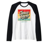 Jesus Saves Luke 19:10 Retro Vintage Christian Bible Verse Camiseta Manga Raglan