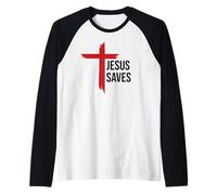 Jesus Saves Sign Cross Christian Minimal Religious Faith God Camiseta Manga Raglan