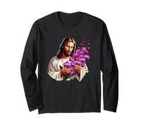 Jesús sosteniendo orquídeas moradas Manga Larga