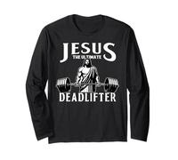 Jesus The Ultimate Deadlifter Funny Christian Workout Gym Manga Larga