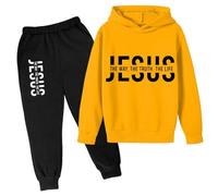Jesus The Way The Truth and The Life - Conjunto de 2 piezas para niñas con capucha para entrenamiento de otoño, sudadera con capucha y pantalones deportivos de manga larga, amarillo, 11-12 años