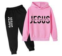 Jesus The Way The Truth and The Life - Conjunto de 2 piezas para niñas con capucha para entrenamiento de otoño, sudadera con capucha y pantalones deportivos de manga larga, rosa, 11-12 años