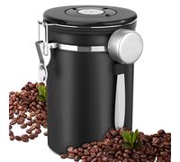 Jesustree Bote Hermetico para Café, 1.8L Tarro de Café Recipiente de Acero Inoxidable con Valvula de CO2 y Cuchara, Lata para café para Cafe Grano o Molido, Polvo, Té, Nueces, Cacao-Negro