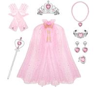 Jesustree Capa para Niñas Brillante Disfraz Vestido Accesorios de Princesa con Corona Varita Mágica Collar Pulsera Anillo Pendientes Guantes para Halloween Carnaval Cumpleaños Fiesta(rosa)