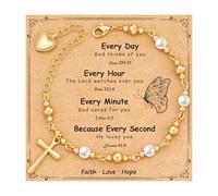 Jesvo Pulsera de perlas con cruz cristiana católica para primera comunión, confirmación, bautismo, madrina, para adolescentes, niñas, mujeres, católico cristiano, Godmother, Sin piedra preciosa