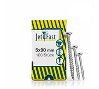 Jet-Fast Tornillos universales premium de 5,0 x 90 mm, 100 unidades, cabeza avellanada, parte de la unidad TX de accionamiento, galvanizado azul, tornillos para madera, tornillos para aglomerado,