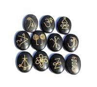 Jet International Ágata negra K-Aruna Reiki 11 Juego de piedras Cristal ovalado Piedras preciosas Grabado Bolsa de equilibrio Chakra curativo Folleto gratuito La imagen de la terapia de cristal es S