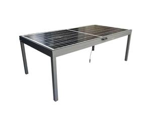 Jet-Line Mesa solar de jardín con módulo de 450 W, solar, balcón, soporte para plantas de balcón, mesa de jardín para 6 personas, muebles de jardín, color negro, 2,18 x 1,10 x 0,785 m