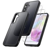JETech 3 en 1 Funda Mate para Samsung Galaxy A35 5G con 2 Protector Pantalla Cristal Vidrio Templado, Carcasa Antigolpes Translúcida Esmerilada con Protección Cámara (Negro)