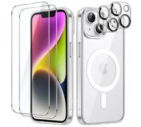 JETech 5 en 1 Funda Magnética para iPhone 14 6,1 Pulgadas con 2 Protector Pantalla Cristal Vidrio Templado y 2 Protector Lente Cámara, Compatible con MagSafe, Carcasa Antigolpes (Transparente)