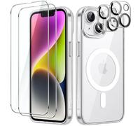 JETech 5 en 1 Funda Magnética para iPhone 14 Plus 6,7 Pulgadas con 2 Protector Pantalla Cristal Vidrio Templado y 2 Protector Lente Cámara, Compatible con MagSafe, Antigolpes (Transparente)