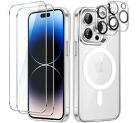 JETech 5 en 1 Funda Magnética para iPhone 14 Pro MAX 6,7 Pulgadas con 2 Protector Pantalla Cristal Vidrio Templado y 2 Protector Lente Cámara, Compatible con MagSafe, Antigolpes (Transparente)