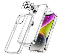 JETech Funda 5 en 1 para iPhone 14, Anti-Amarillamiento, Transparente | 2 Protectores Pantalla Cristal Vidrio Templado, 2 Protectores Lente Cámara, Carcasa Bumper Antigolpes