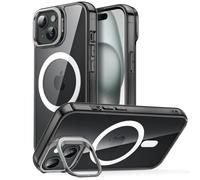 JETech Funda Kickstand para iPhone 15 Plus 6,7 Pulgadas Compatible con MagSafe, Soporte de Anillo Cámara Incorporado, Anti-Arañazos Respaldo Transparente Magnética (Negro)