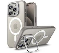 JETech Funda Kickstand para iPhone 15 Pro MAX 6,7 Pulgadas Compatible con MagSafe, Soporte de Cámara Ajustable Incorporado, Carcasa Slim Respaldo Mate Translúcida Magnética (Titanio Natural)