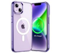 JETech Funda Magnética para iPhone 14 6,1 Pulgadas, Compatible con MagSafe Carga Inalámbrica, Carcasa Bumper Teléfono Antigolpes, Parte Trasera Transparente Anti-Arañazos (Morado Oscuro/Blanco)