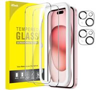 JETech Protector de Pantalla para iPhone 15 6,1 Pulgadas y Protector Lente Cámara, Marco de Instalación Fácil, Cristal Vidrio Templado, HD Transparente, 2 Paquetes Cada Uno