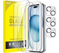 JETech Protector de Pantalla para iPhone 15 Plus 6,7 Pulgadas y Protector Lente Cámara, Sin Burbujas, Marco de Instalación Fácil, Cristal Vidrio Templado, HD Transparente, 3 Paquetes Cada Uno