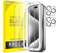 JETech Protector de Pantalla para iPhone 15 Pro 6,1 Pulgadas y Protector Lente Cámara, Marco de Instalación Fácil, Cristal Vidrio Templado, HD Transparente, 2 Paquetes Cada Uno