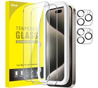 JETech Protector de Pantalla para iPhone 15 Pro Max 6,7 Pulgadas y Protector Lente Cámara, Marco de Instalación Fácil, Cristal Vidrio Templado, HD Transparente, 2 Paquetes Cada Uno