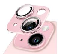 JETech Protector Lente Cámara para iPhone 15 6,1 Pulgadas y iPhone 15 Plus 6,7 Pulgadas, Cobertura Completa 9H Cristal Vidrio Templado Anillo, Placa Metal Mate, 1 Unidades (Rosado)