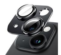 JETech Protector Lente Cámara para iPhone 15 6,1 Pulgadas y iPhone 15 Plus 6,7 Pulgadas, Cobertura Completa 9H Cristal Vidrio Templado Anillo, Placa Metal Mate, 1 Unidades (Medianoche)