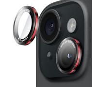 JETech Protector Lente Cámara para iPhone 15 6,1 Pulgadas y iPhone 15 Plus 6,7 Pulgadas, Cristal Vidrio Templado 9H Individual Anillo Metal Cubierta, Dos Tonos, HD Claro, 1 Juego (Negro+Rojo)