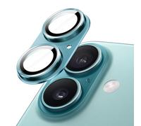JETech Protector Lente Cámara para iPhone 16 6,1 Pulgadas y iPhone 16 Plus 6,7 Pulgadas, Cobertura Completa 9H Cristal Vidrio Templado Anillo, Placa Metal Mate, 1 Unidades (Azul Verde)