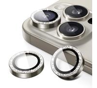 JETech Protector Lente Cámara para iPhone 16 Pro 6,3 Pulgadas y iPhone 16 Pro Max 6,9 Pulgadas, Bling Glitter Individuo 9H Vidrio Templado Anillo Metal Cubrir, HD Clara, 1 Juego (Titanio Natural)