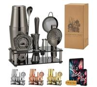 Jettory Boston - Juego de coctelera de acero inoxidable de 16 piezas con base acrílica, colador, pinzas para hielo, cuchara de bar, vaso medidor, mortero, vertedor de botellas y pinchos de cóctel