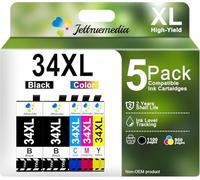 Jettruemedia 34XL Cartuchos de Tinta para Epson 34 XL Compatible con Epson Workforce Pro WF-3720 WF-3725 WF-3720DWF WF-3725DWF WF3720 WF3725 WF3720DWF WF3725DWF (5 Pack)