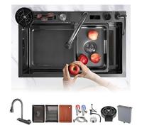 JETXYHUB 85 x 45 cm, cascada, fregadero de acero inoxidable, fregadero de cocina, fregadero de cocina con soporte para cuchillos, 1 plato, fregadero empotrable, 5 agujeros para grifos, fregadero de
