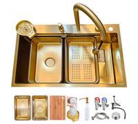 JETXYHUB Fregadero de cocina con cascada de 65 x 50 cm, color dorado, fregadero de cocina de acero inoxidable, rectangular, instalación desde arriba, fregadero grande, 1 cuenco, con tazas, tabla de
