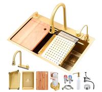 JETXYHUB Fregadero de cocina con cascada de 68 x 45 cm, color dorado, fregadero de cocina de acero inoxidable, rectangular, instalación desde arriba, fregadero grande, 1 cuenco, con tazas, tabla de